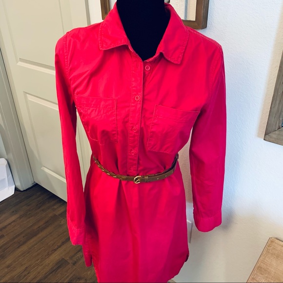 Fuchsia Long Sleeve Collard Shift Dress with Belt - Picture 3 of 8